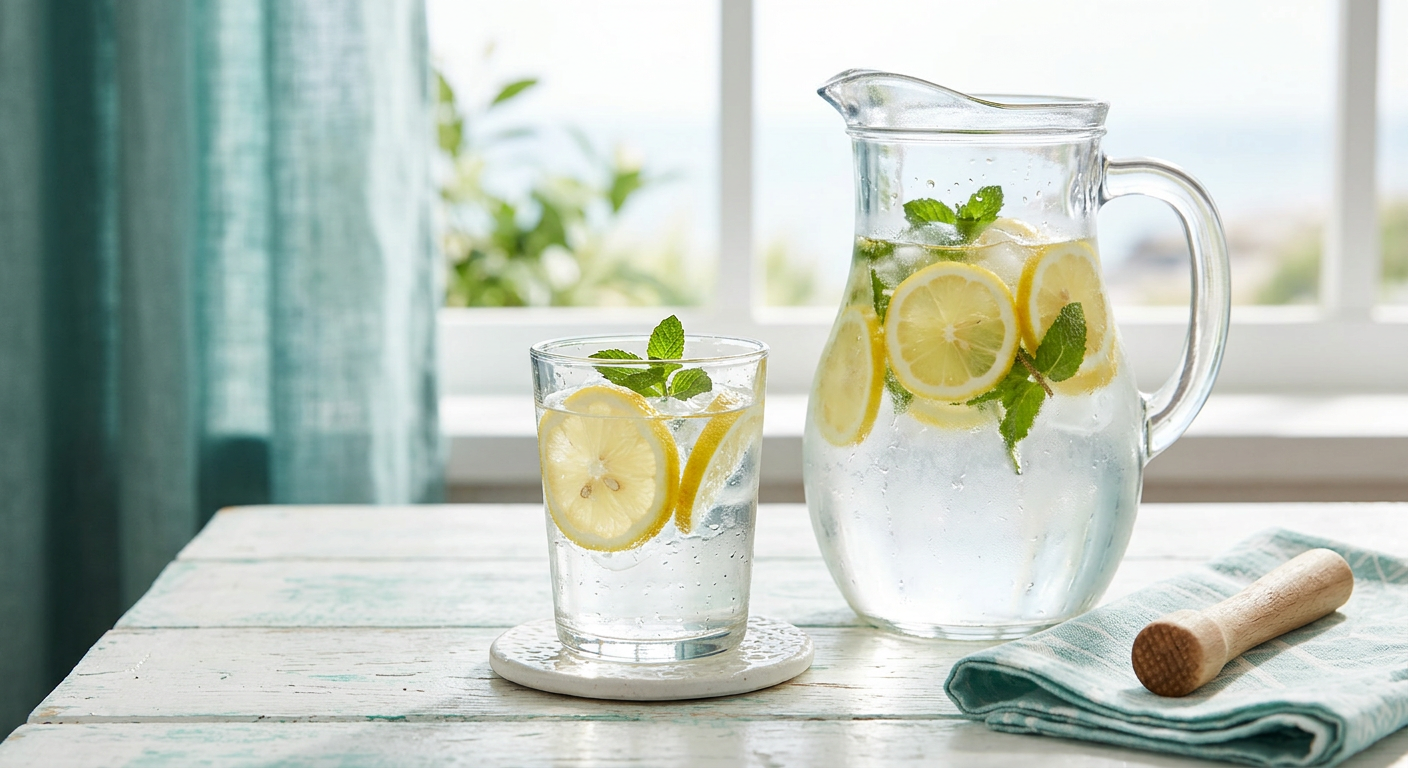 Vaso de agua con rodajas de limón sobre una mesa luminosa